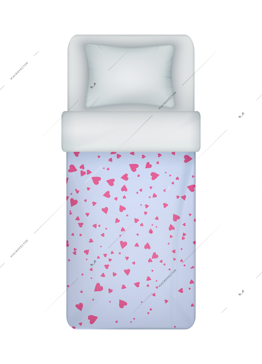 Realistic girl single bed bedding set with hearts on blanket cover top view vector illustration