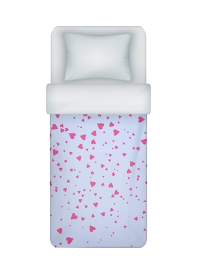 Realistic girl single bed bedding set with hearts on blanket cover top view vector illustration