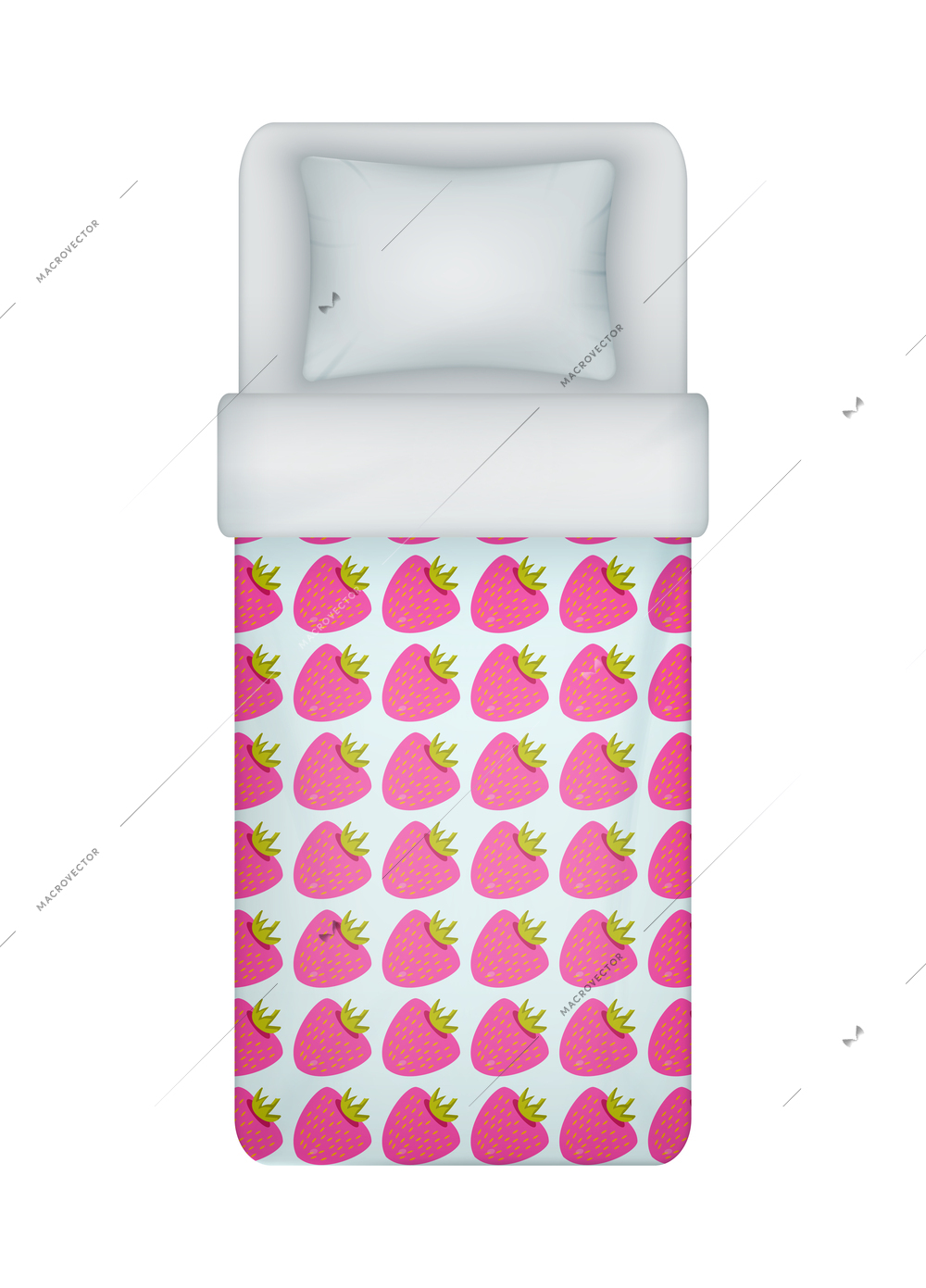 Realistic girl single bed bedding set with strawberries pattern on blanket cover top view vector illustration