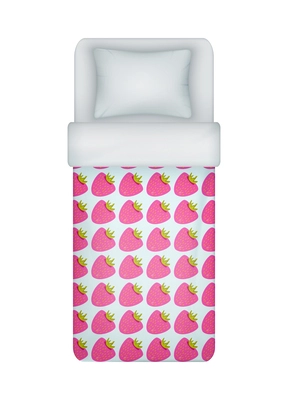 Realistic girl single bed bedding set with strawberries pattern on blanket cover top view vector illustration