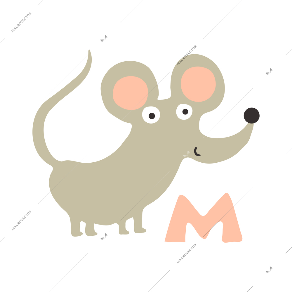 Children alphabet cute animal letter m for mouse flat vector illustration