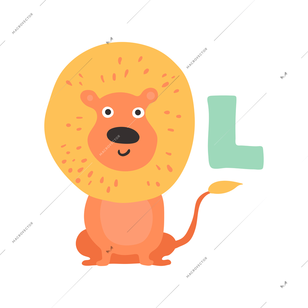 Children alphabet cute animal letter l for lion flat vector illustration