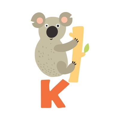 Children alphabet cute animal letter k for koala flat vector illustration