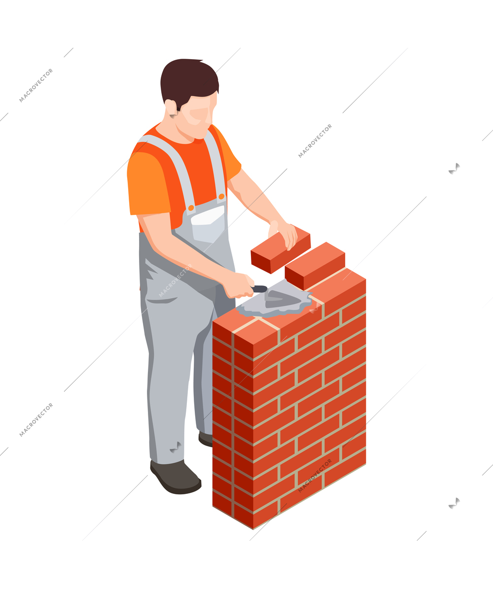 Isometric builder in uniform laying bricks 3d vector illustration