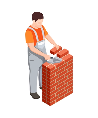 Isometric builder in uniform laying bricks 3d vector illustration