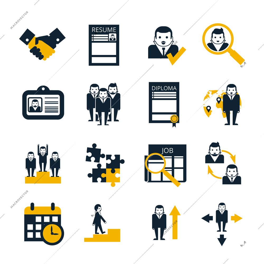 Human resources personnel selection strategy and team work collaboration management black icons collection abstract isolated vector illustration