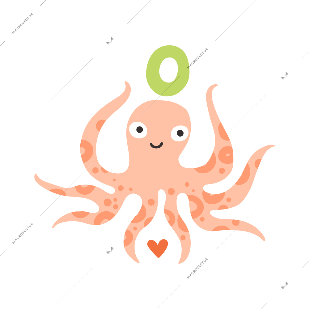 Children alphabet cute animal letter o for octopus flat vector illustration