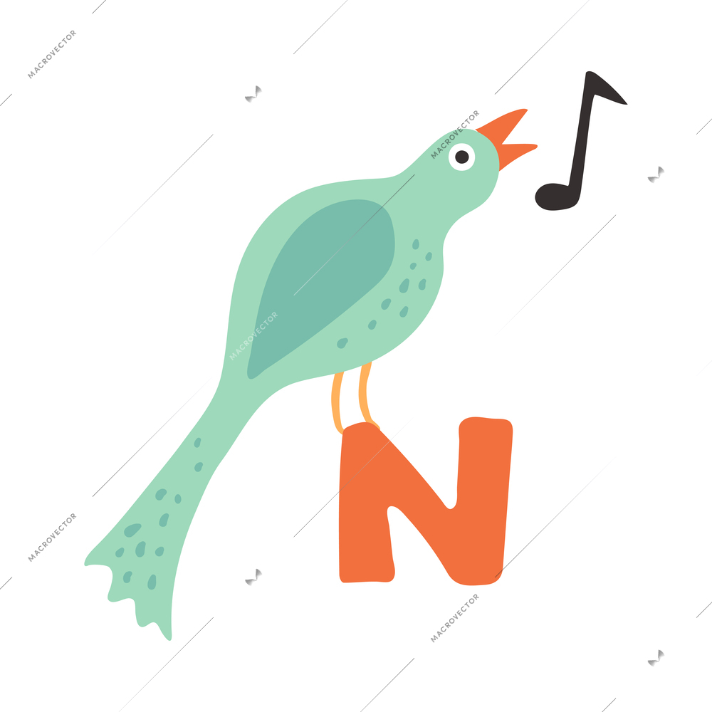 Children alphabet cute animal letter n for nightingale flat vector illustration