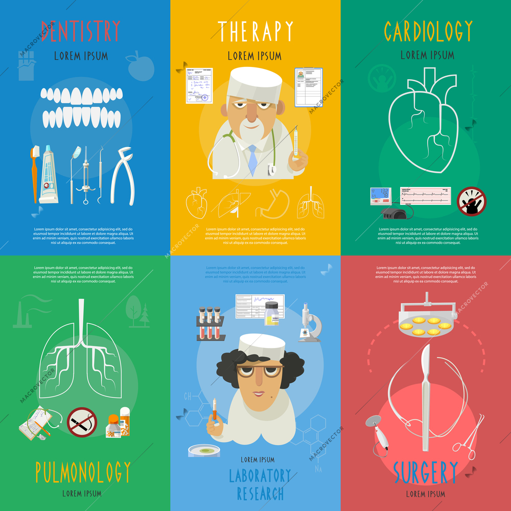 Medicine flat infographic icons composition of dental surgery and cardiologist doctor cartoon character poster abstract vector illustration.