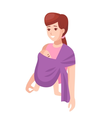Happy mum with baby sleeping in sling flat vector illustration