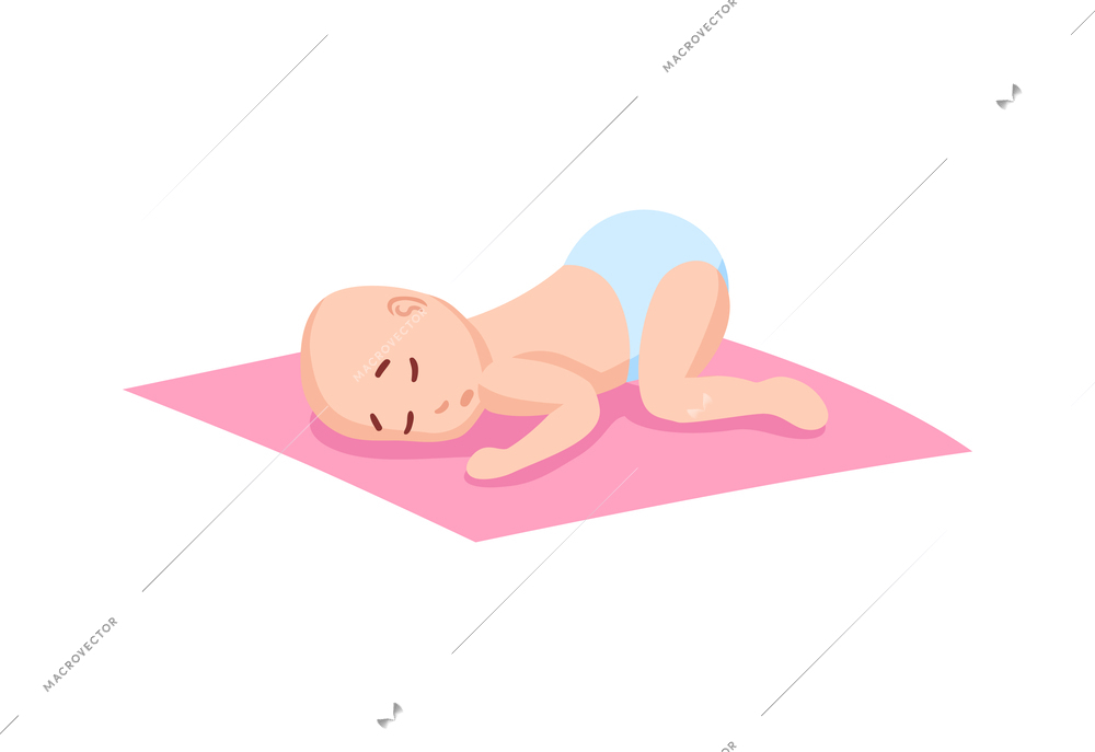 Sleeping baby in diapers flat vector illustration