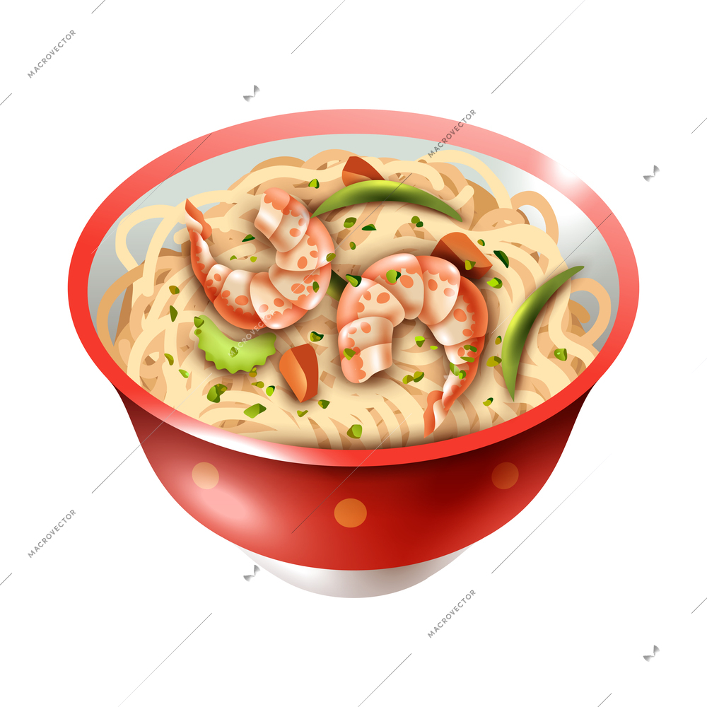 Realistic bowl of chinese noodles with prawns vector illustration