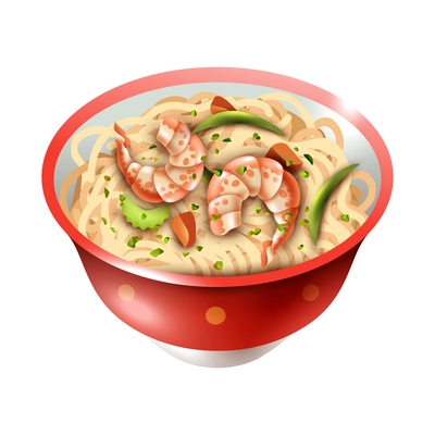 Realistic bowl of chinese noodles with prawns vector illustration