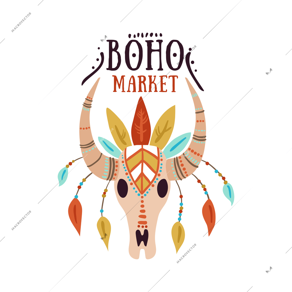 Flat boho market emblem with buffalo skull decorated with feathers vector illustration