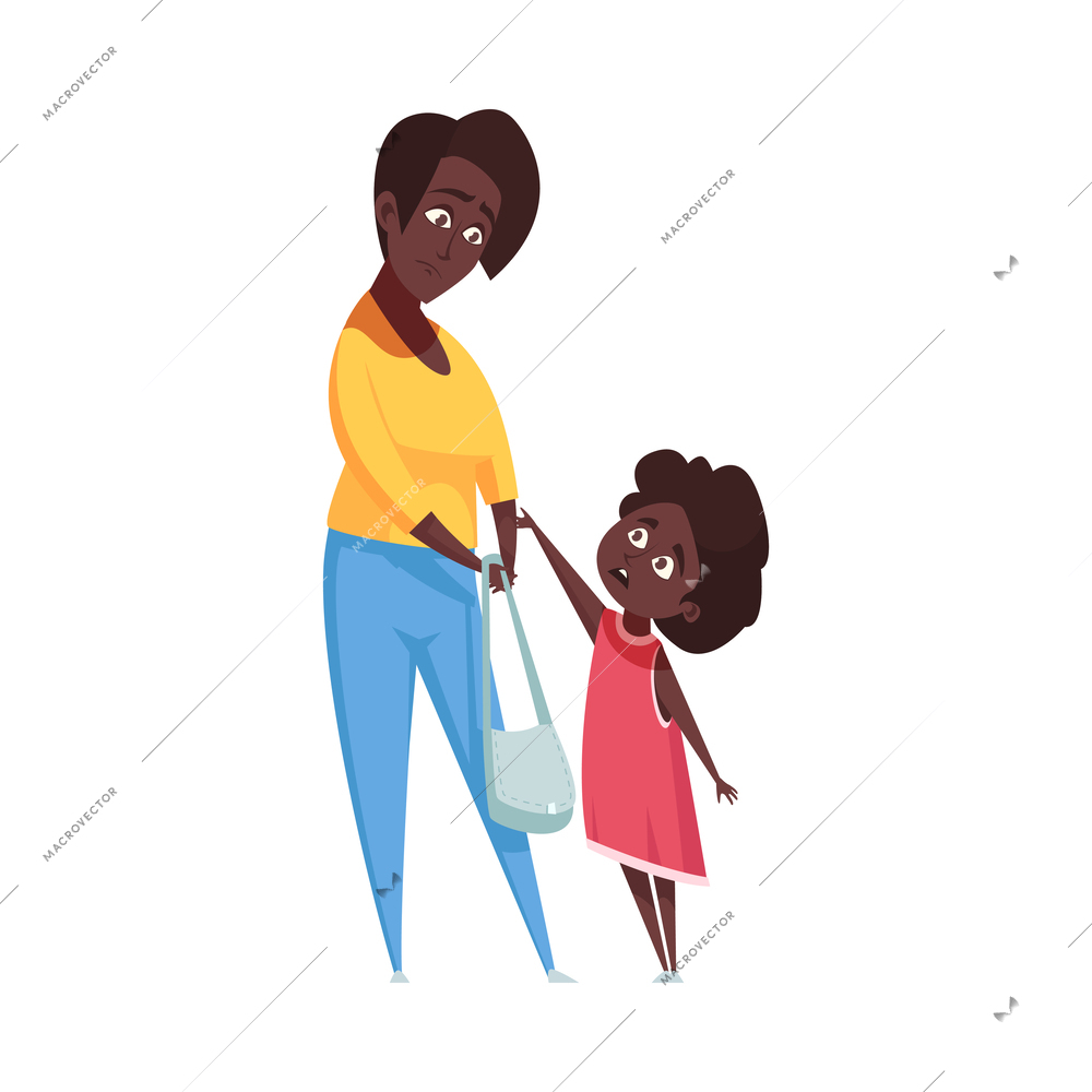 Bored people mum with daughter standing in queue cartoon vector illustration