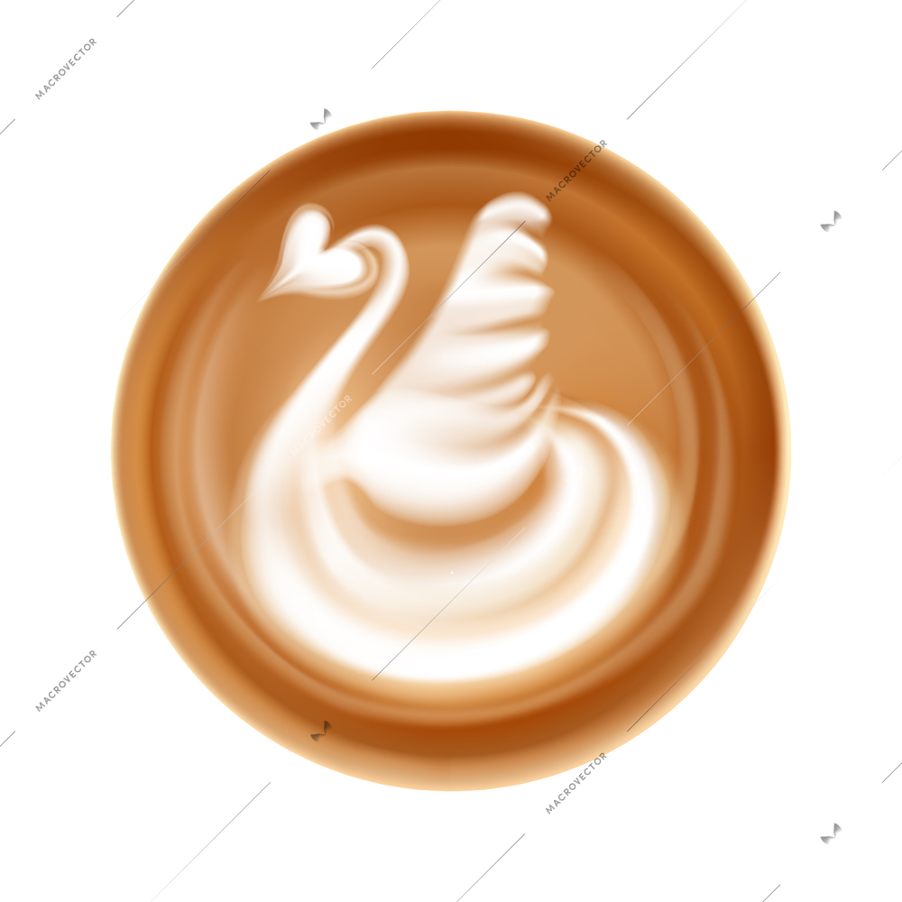 Realistic latte art icon with milk foam in shape of swan top view vector illustration