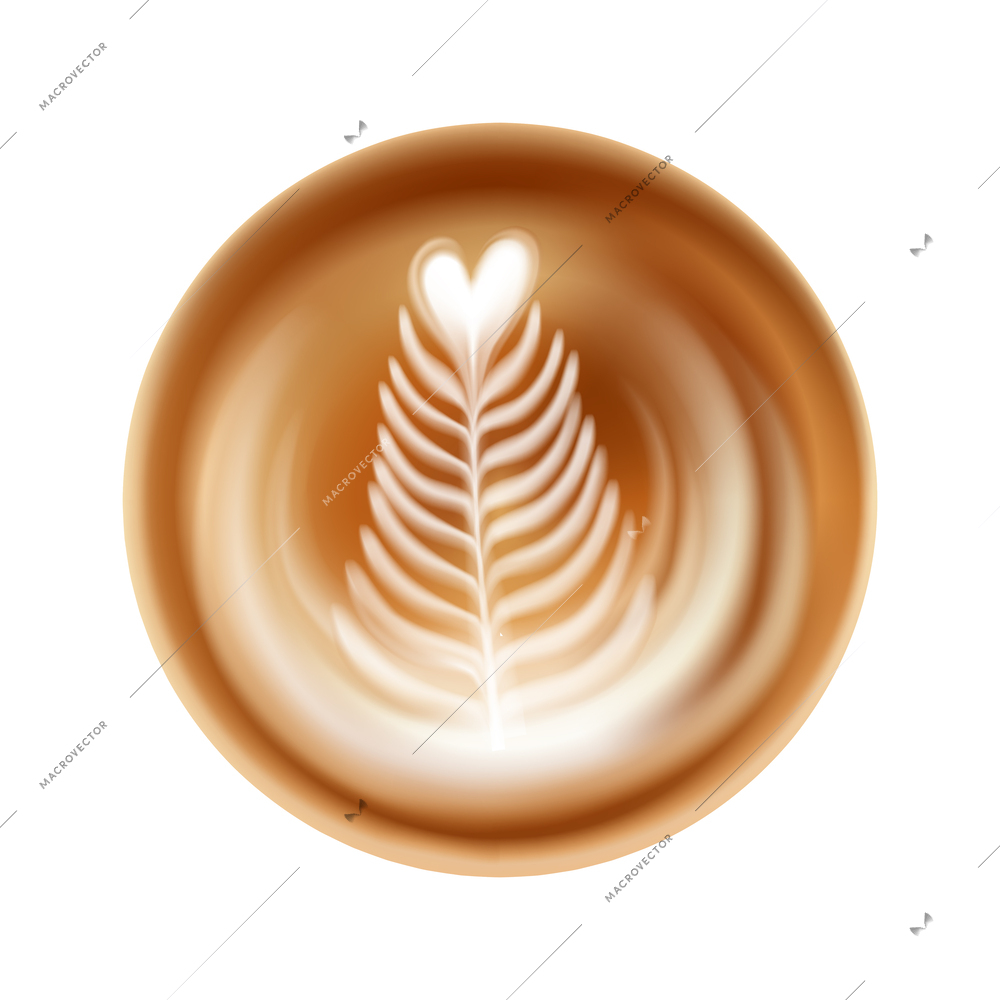 Realistic latte art icon with milk foam top view vector illustration