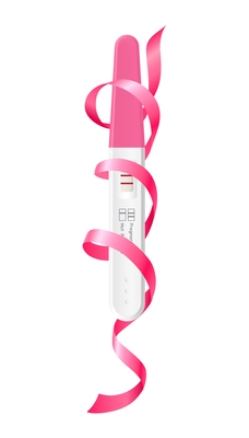 Realistic digital pregnancy test with two striped and pink ribbon vector illustration