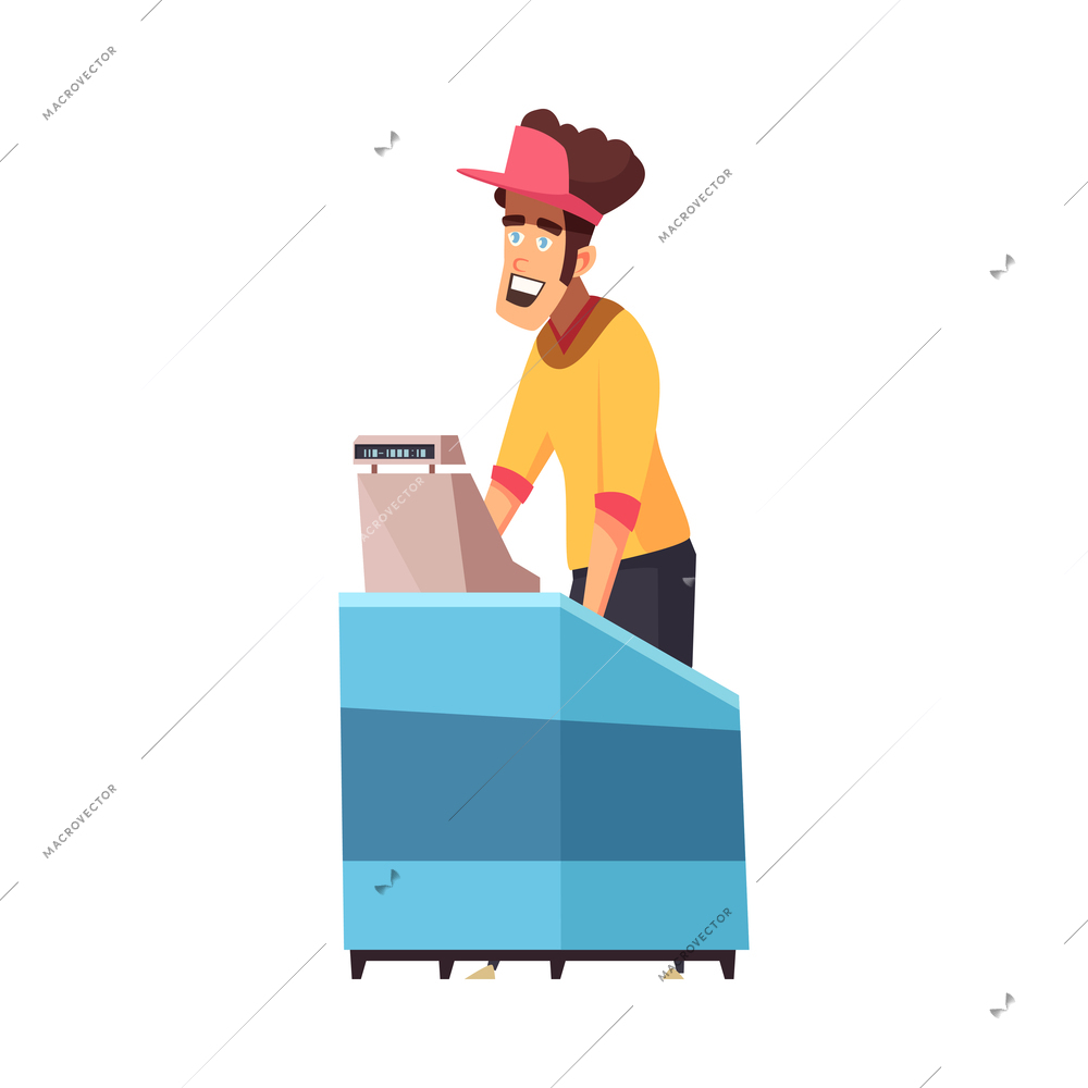 Cartoon smiling male fast food restaurant cashier vector illustration