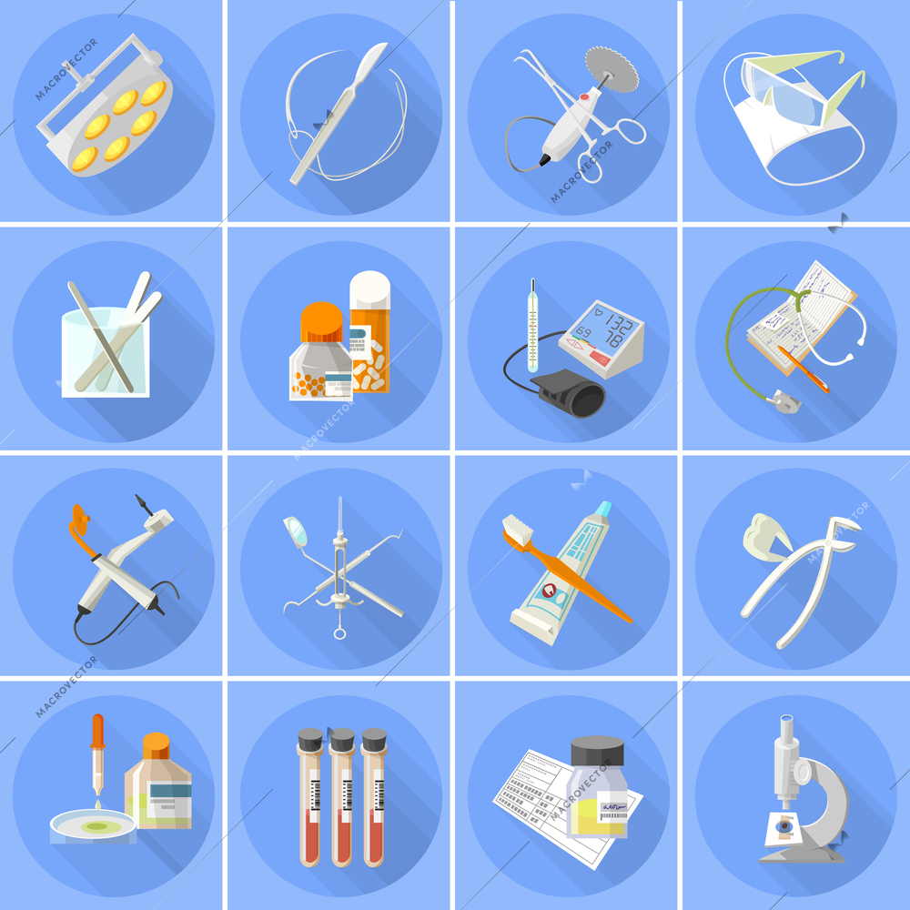 Medical health care instruments and accessories flat icons set with thermometer and stethoscope abstract isolated vector illustration