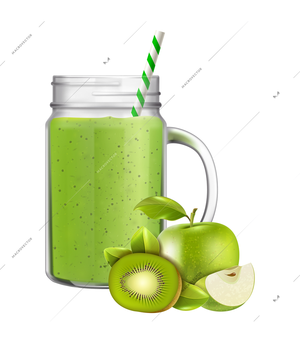 Realistic glass jar of green smoothie with kiwi and apple and straw vector illustration