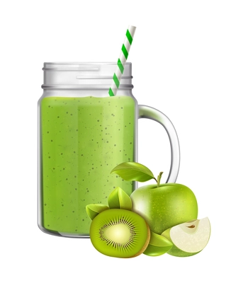 Realistic glass jar of green smoothie with kiwi and apple and straw vector illustration