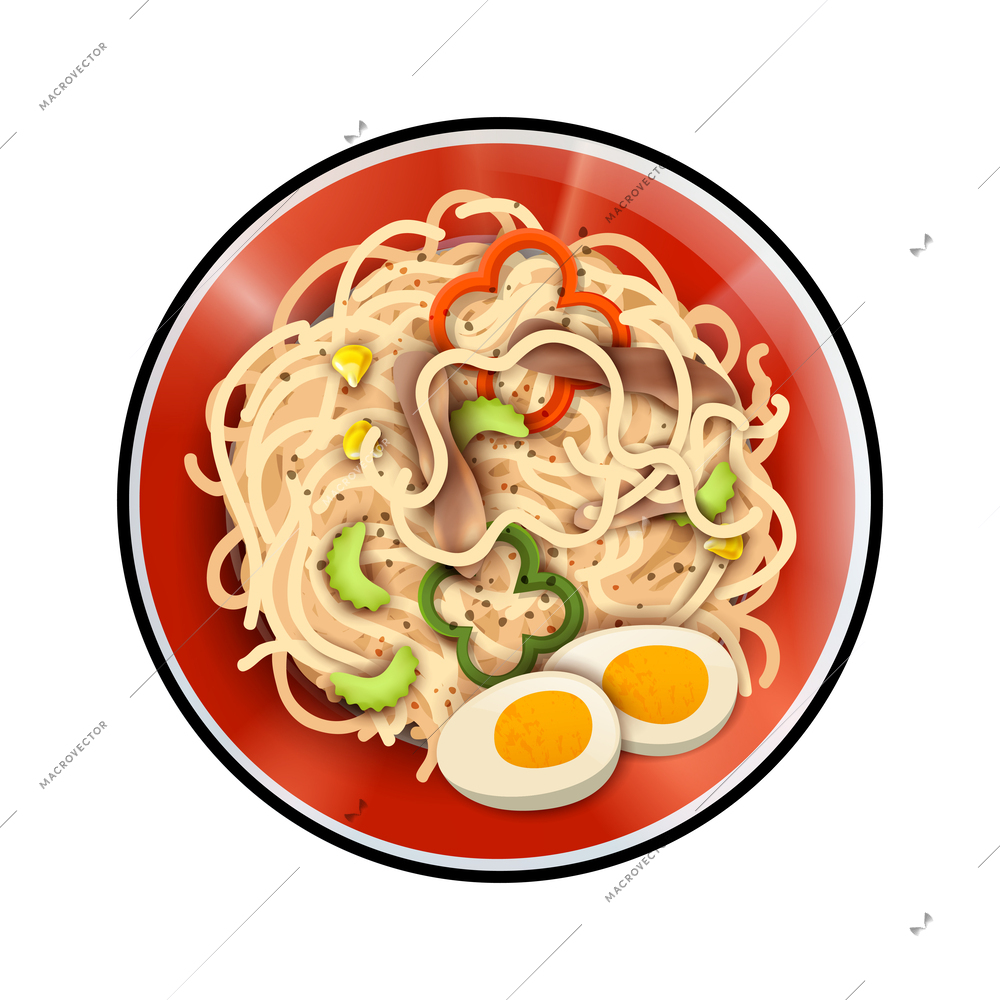 Realistic bowl of noodles with eggs shiitake and vegetables vector illustration