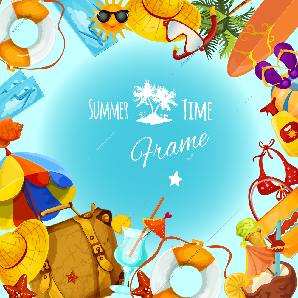 Summer holidays decorative postcard frame with travel and tourism elements vector illustration
