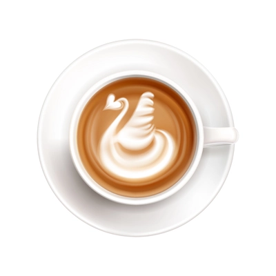 Cup of coffee on saucer with latte art top view with milk foam in shape of swan realistic vector illustration