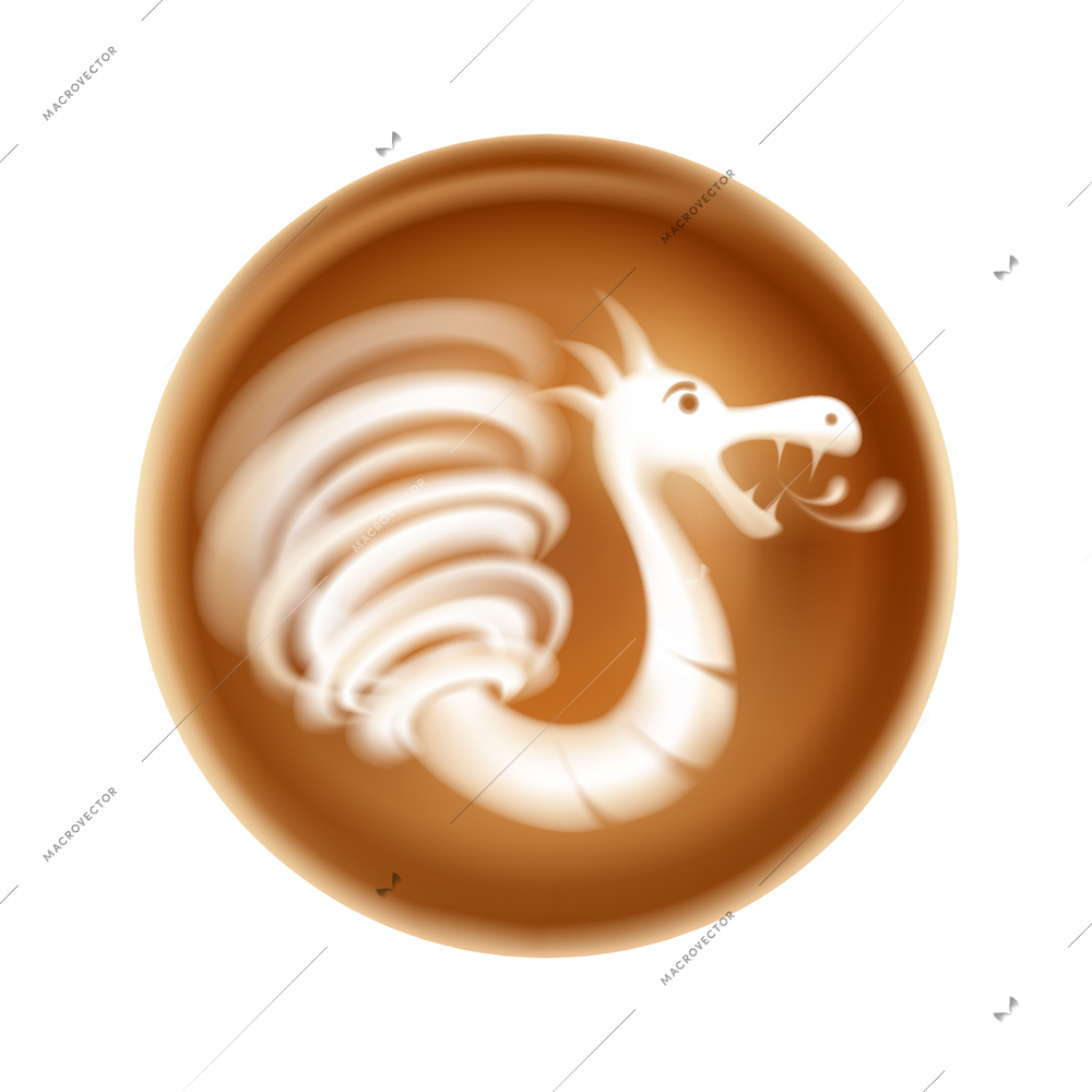 Realistic latte art icon with milk foam in shape of dragon top view vector illustration