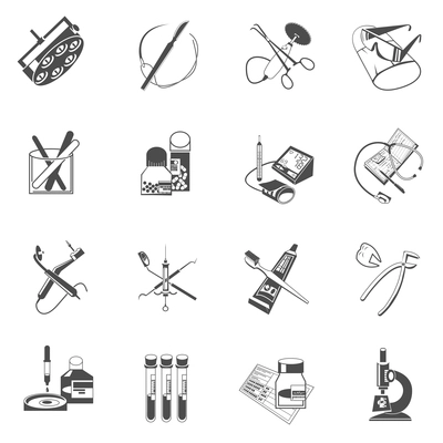 Medical dental instruments and accessories black icons set with surgery scalpel and forceps abstract isolated vector illustration