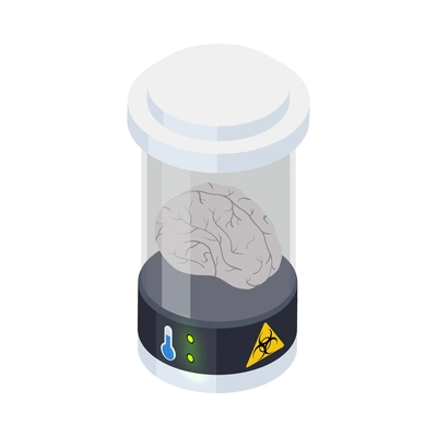 Cryonics cryogenics organ transplantation isometric icon with human brain in container vector illustration