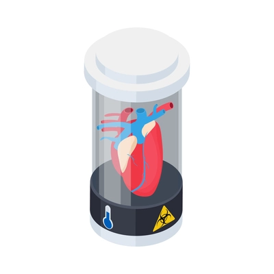 Cryonics cryogenics organ transplantation isometric icon with human heart in container vector illustration