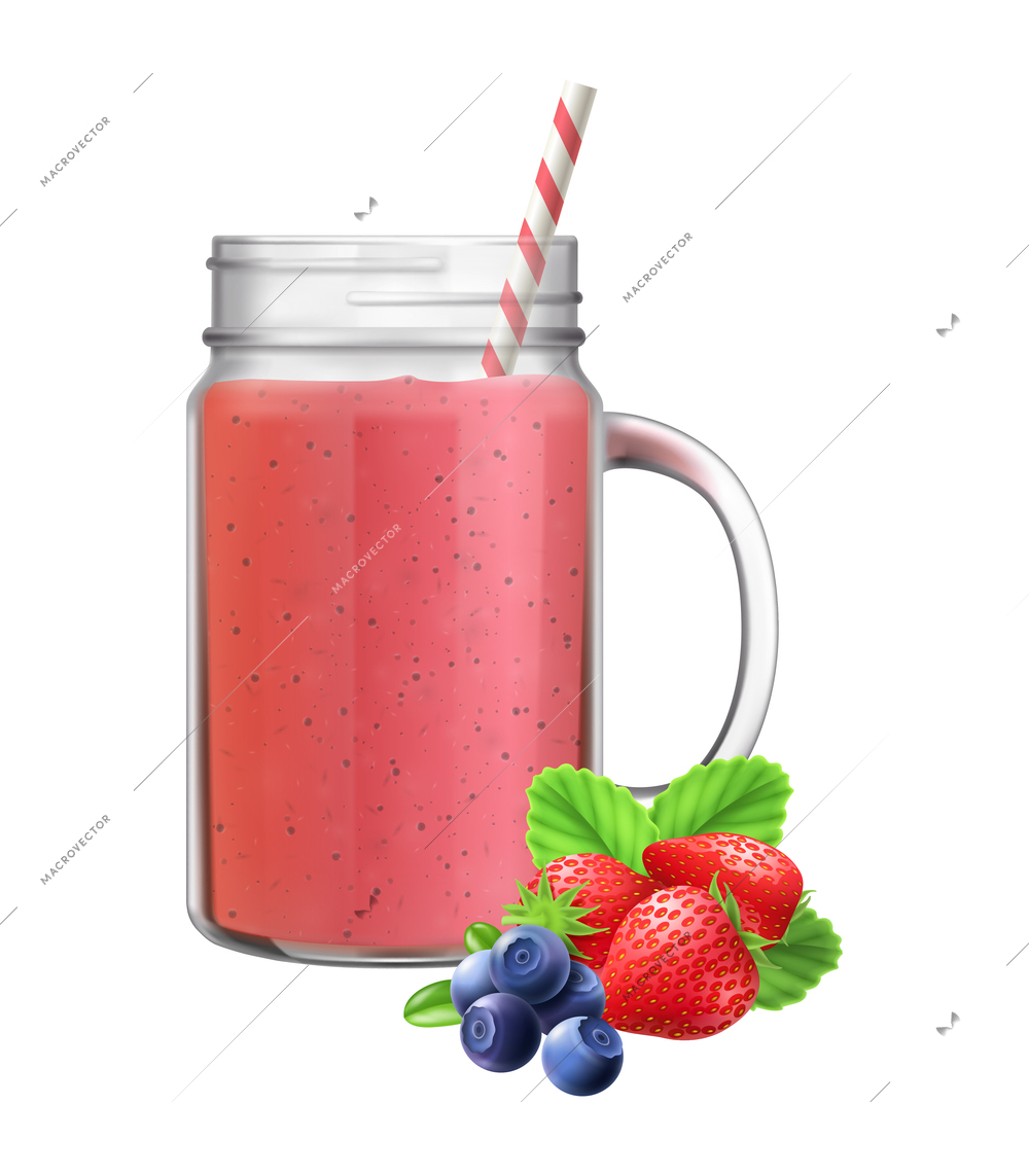 Realistic glass jar of berry smoothie drink with plastic straw vector illustration