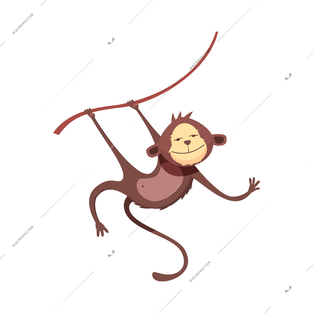 Cute brown monkey swinging from liana cartoon vector illustration