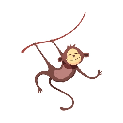 Cute brown monkey swinging from liana cartoon vector illustration