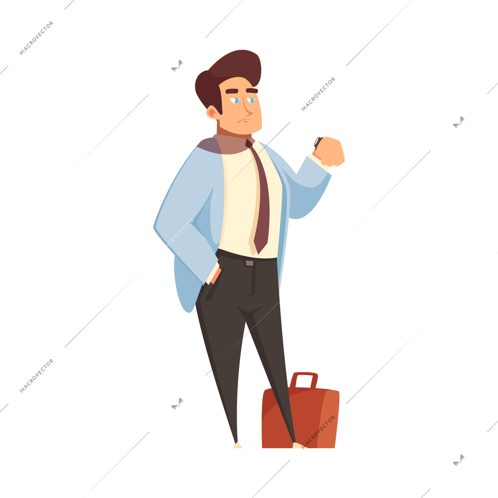 Bored man standing in queue looking at watch cartoon vector illustration