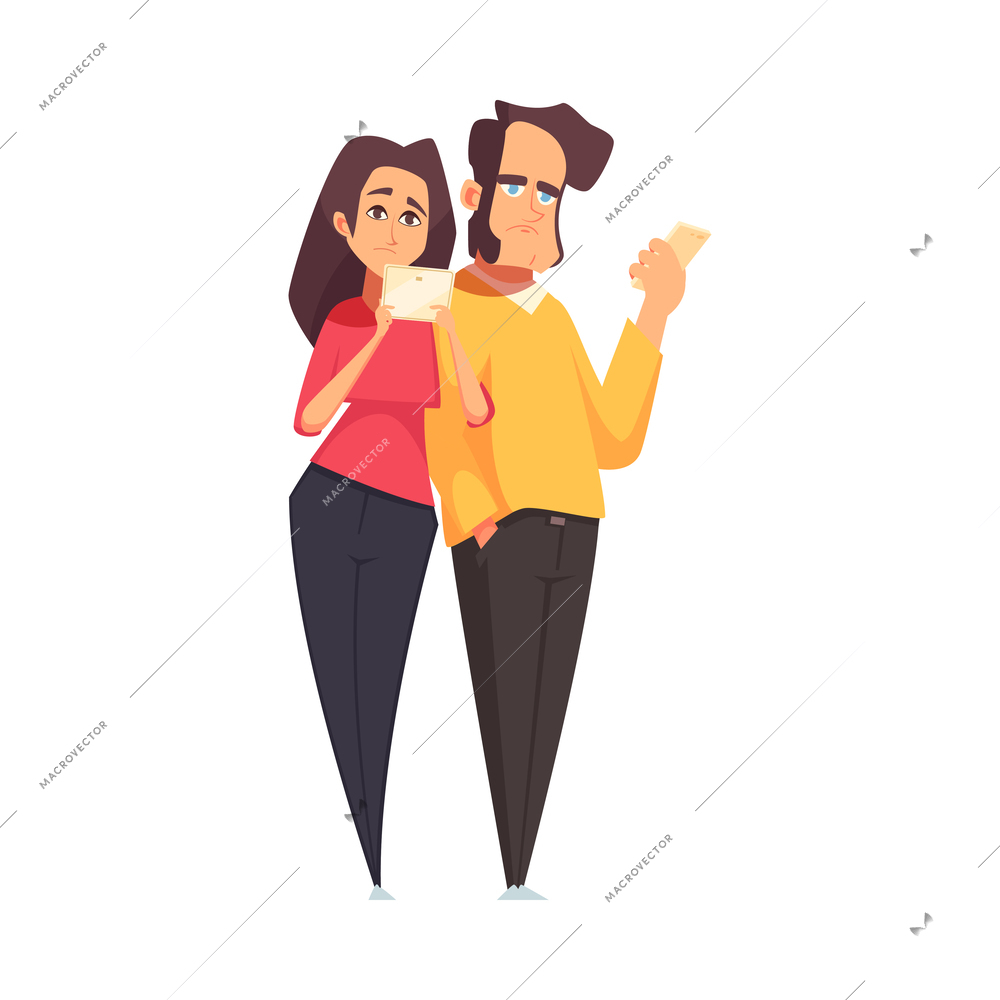 Bored people couple standing in queue using gadgets cartoon vector illustration