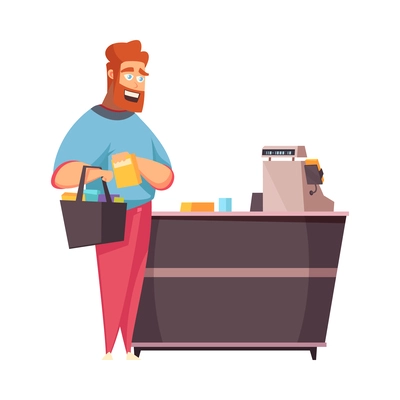 Happy man with shopping basket at supermarket cashdesk cartoon vector illustration