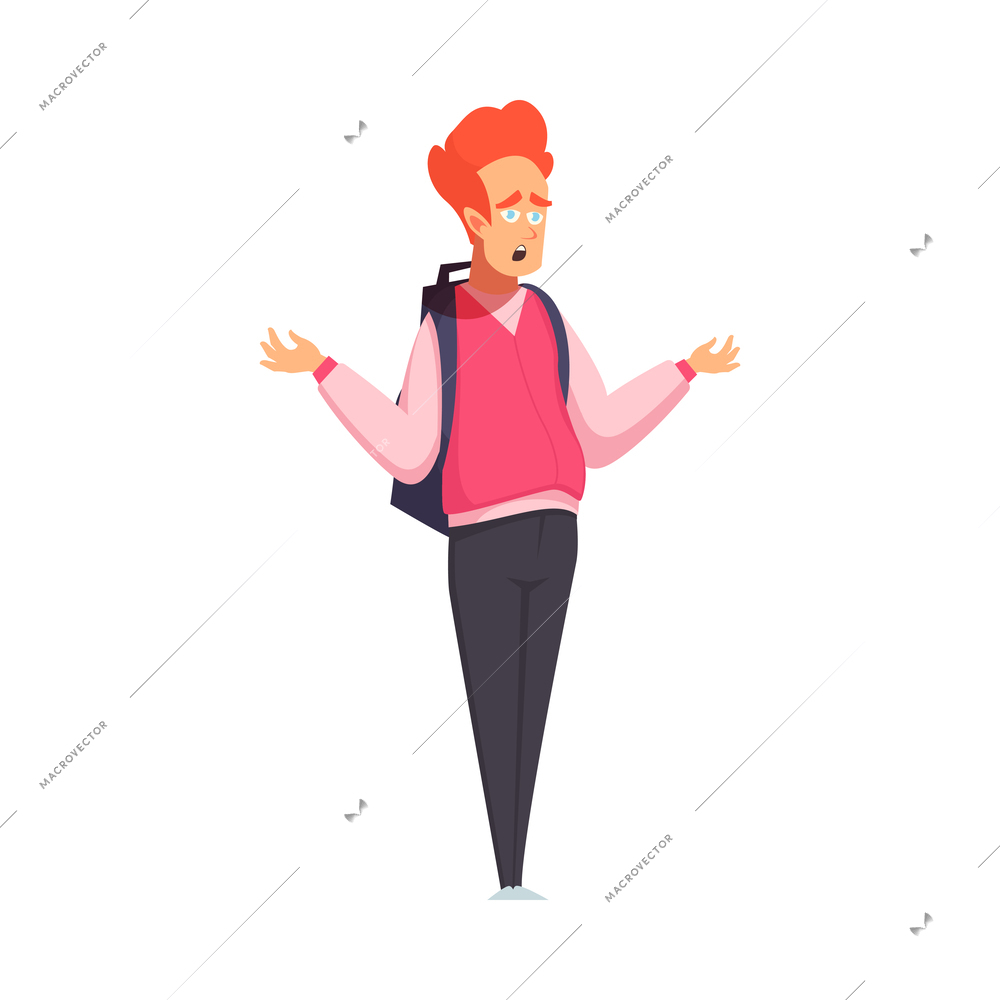 Bored confused red haired man standing in queue cartoon vector illustration