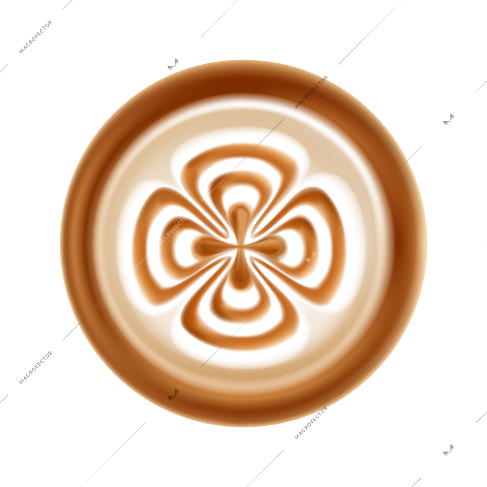 Realistic latte art icon with milk foam in shape of flower top view vector illustration