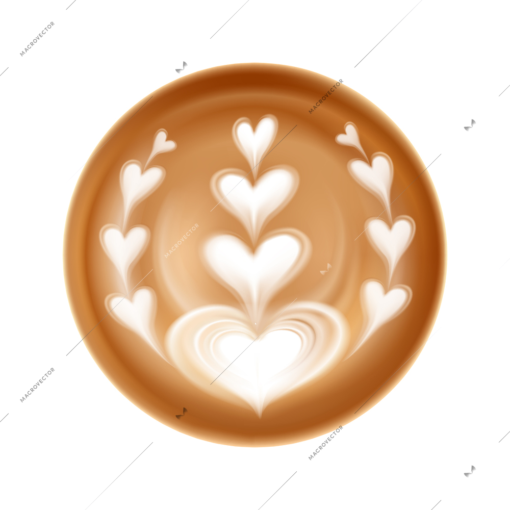 Realistic latte art icon with milk foam in shape of hearts top view vector illustration