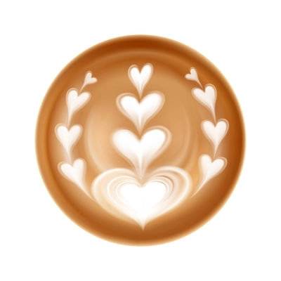 Realistic latte art icon with milk foam in shape of hearts top view vector illustration