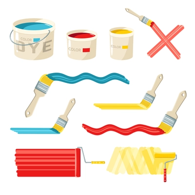 Roller and paint buckets and color brushes decorative icons set isolated vector illustration