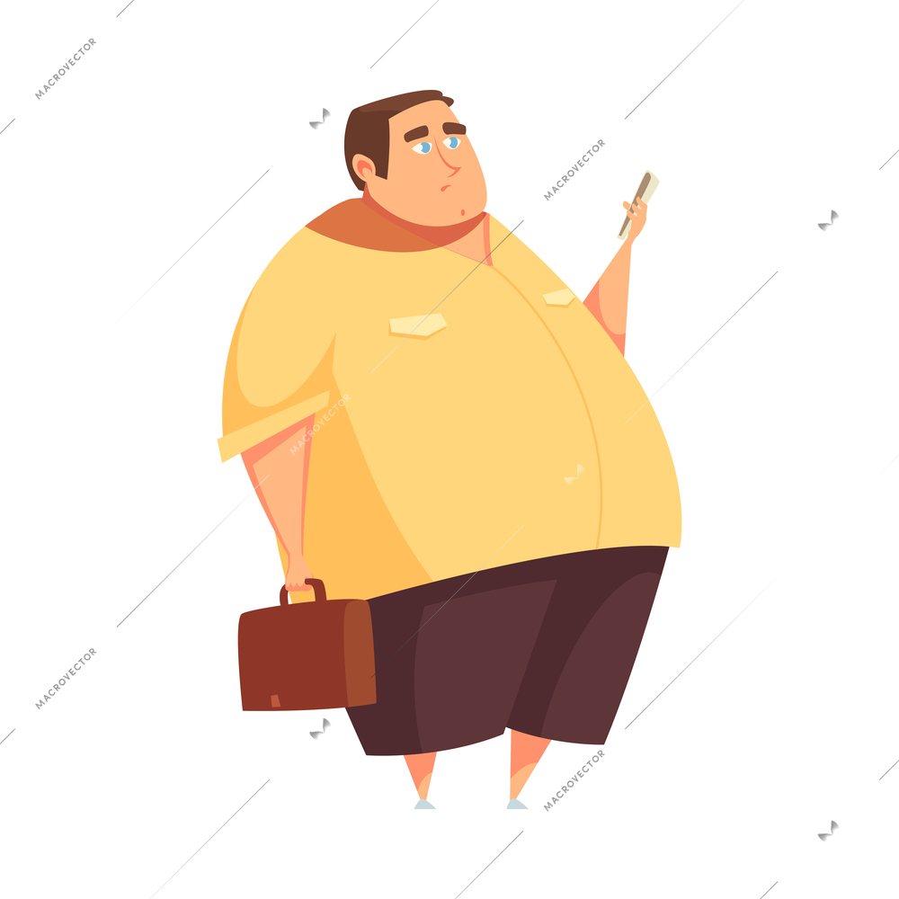 Bored plump man standing in queue with smartphone cartoon vector illustration