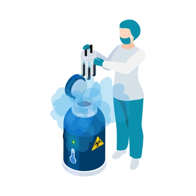 Cryonics cryogenics isometric icon with female laboratory worker vector illustration