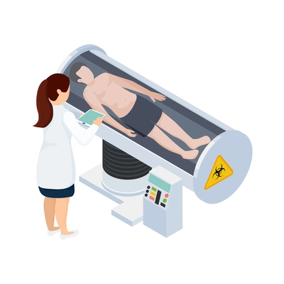 Cryonics cryogenics isometric icon with man in cryocapsule and female worker vector illustration