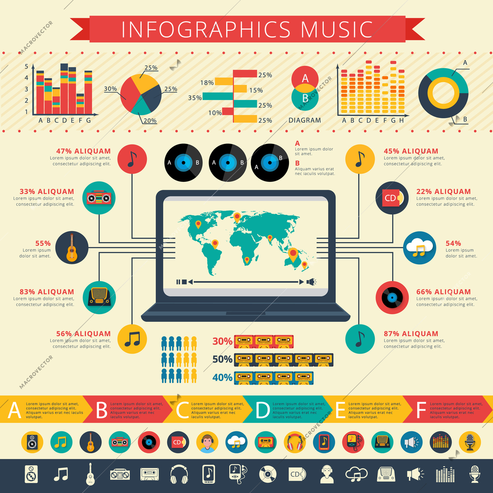 Worldwide nostalgic retro music apps users statistics map and schemas infographic presentation poster abstract flat vector illustration