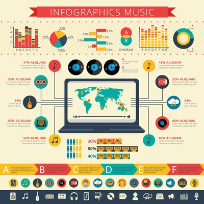 Worldwide nostalgic retro music apps users statistics map and schemas infographic presentation poster abstract flat vector illustration