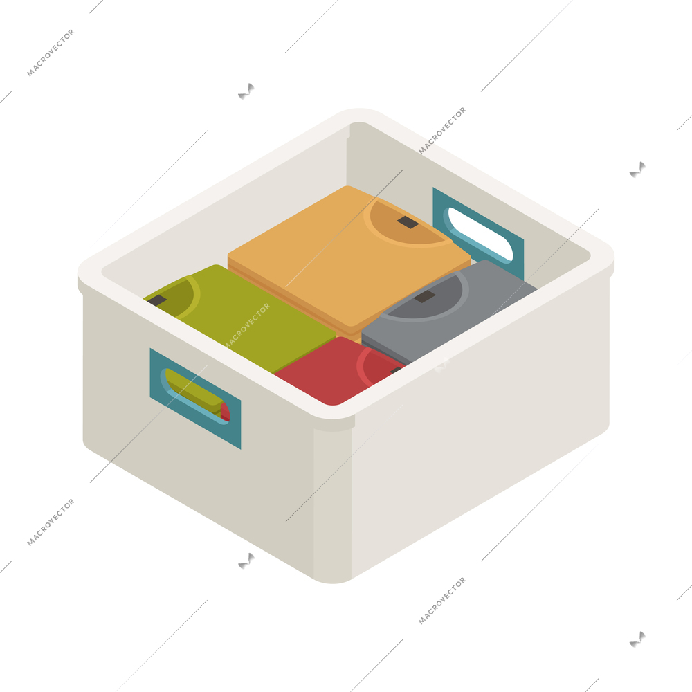 Laundry dry cleaning interior isometric icon with folded tshirts in container vector illustration